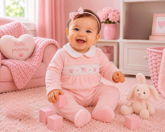 Baby Girls Velour All in One with Smocking - Elephant (NB-6m) (PK6) - BW-13-432