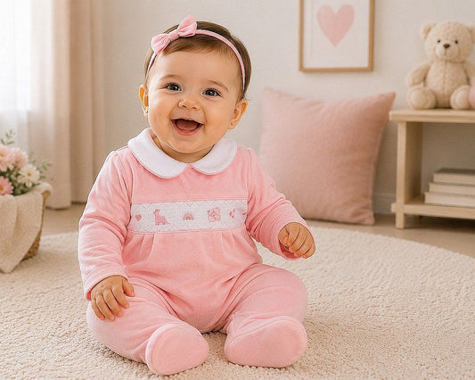 Baby Girls Velour All in One with Smocking - Rainbow (NB-6m) (PK6) - BW-13-434
