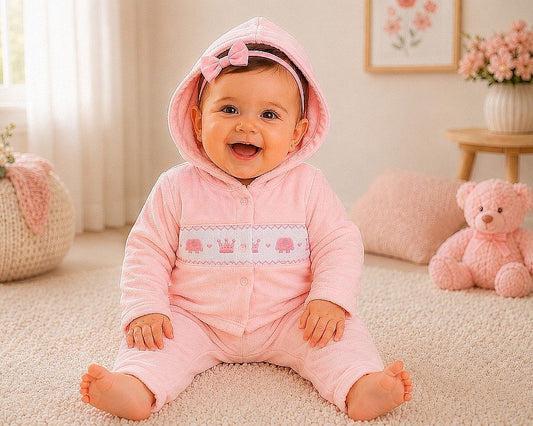 Baby Girls Velour 3 pcs Set with Smocking - Princess (NB-6m) (PK6) - BW-13-436