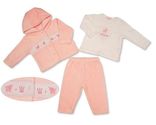Baby Girls Velour 3 pcs Set with Smocking - Princess (NB-6m) (PK6) - BW-13-436