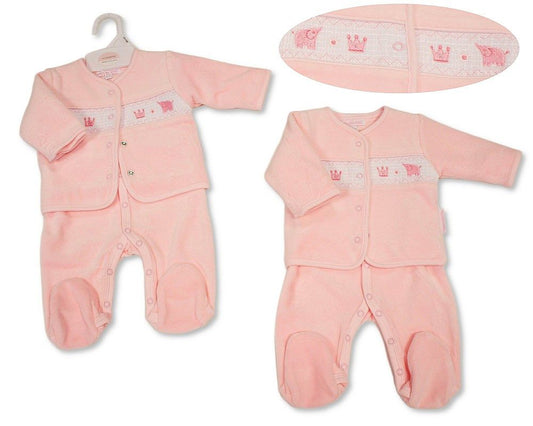 Baby Girls Velour 2 pcs Set with Smocking - Princess (NB-6m) (PK6) - BW-13-437