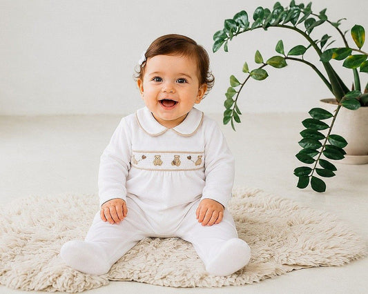Baby Velour All in One with Smocking - Teddy (NB-6m) (PK6) - BW-13-438