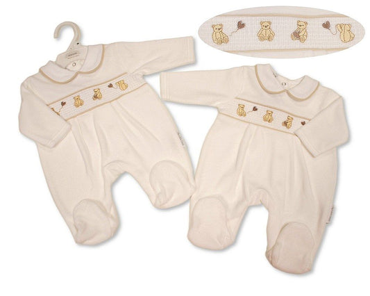 Baby Velour All in One with Smocking - Teddy (NB-6m) (PK6) - BW-13-438