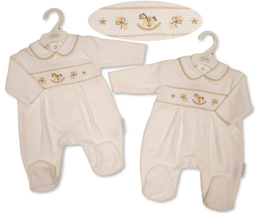 Baby Velour All in One with Smocking - Rocking Horse (NB-6m) (PK6) - BW-13-439