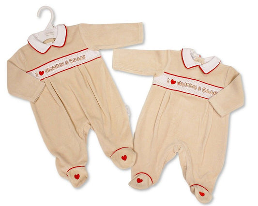 Baby Velour All in One with Smocking - I Love Mummy & Daddy (NB-6m) (PK6) - BW-13-442