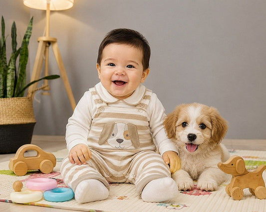 Baby Velour 2 pcs Dungaree Set with Open Legs - Dog (NB-6m) (PK6) - BW-13-446