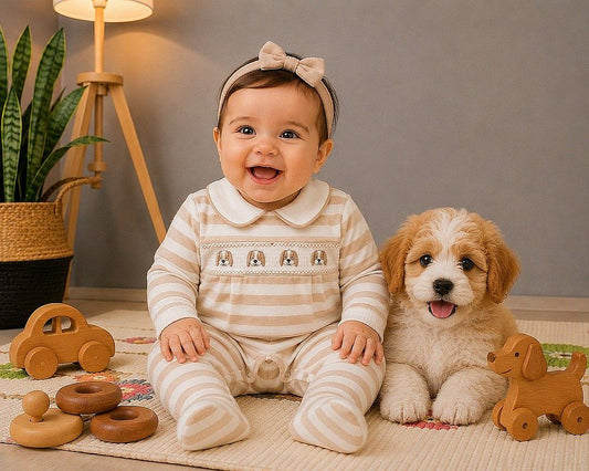 Baby Velour All in One with Smocking - Dog (NB-6m) (PK6) - BW-13-449