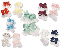 Baby Socks with Lace and Bow - 10 Colours (0-18M) (PK6)  BW 61-2220