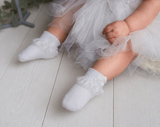 Baby Girls Socks with Satin Lace and Rosebud Bow (0-18m) (PK12) BW-61-2250