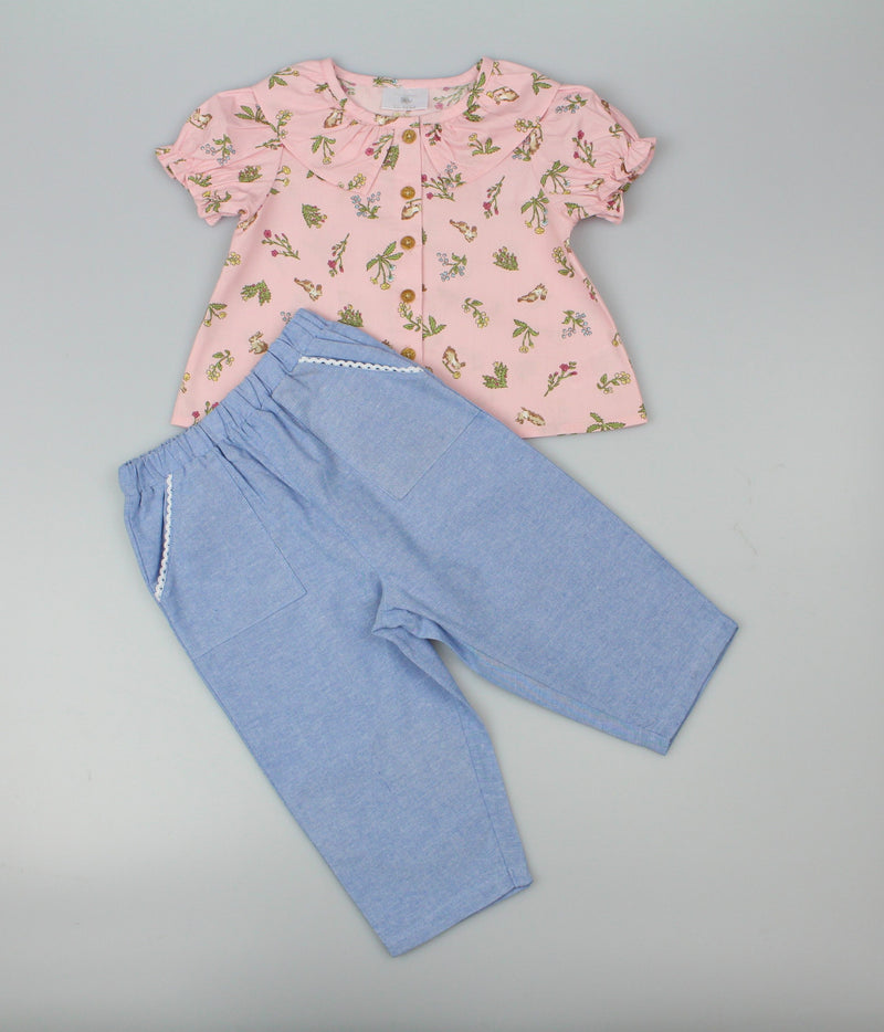 Girls tunic+trouser Floral  Woven Pink/Blue (PK 6) (1-2 YEARS) E33226