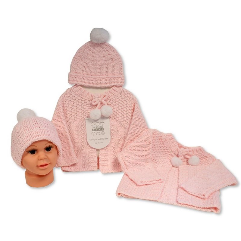BABY KNITTED CHUNKY CARDIGAN & HAT SET- PINK (0-6 MONTHS) (6-12 Months) (PK6) GP-25-1220P