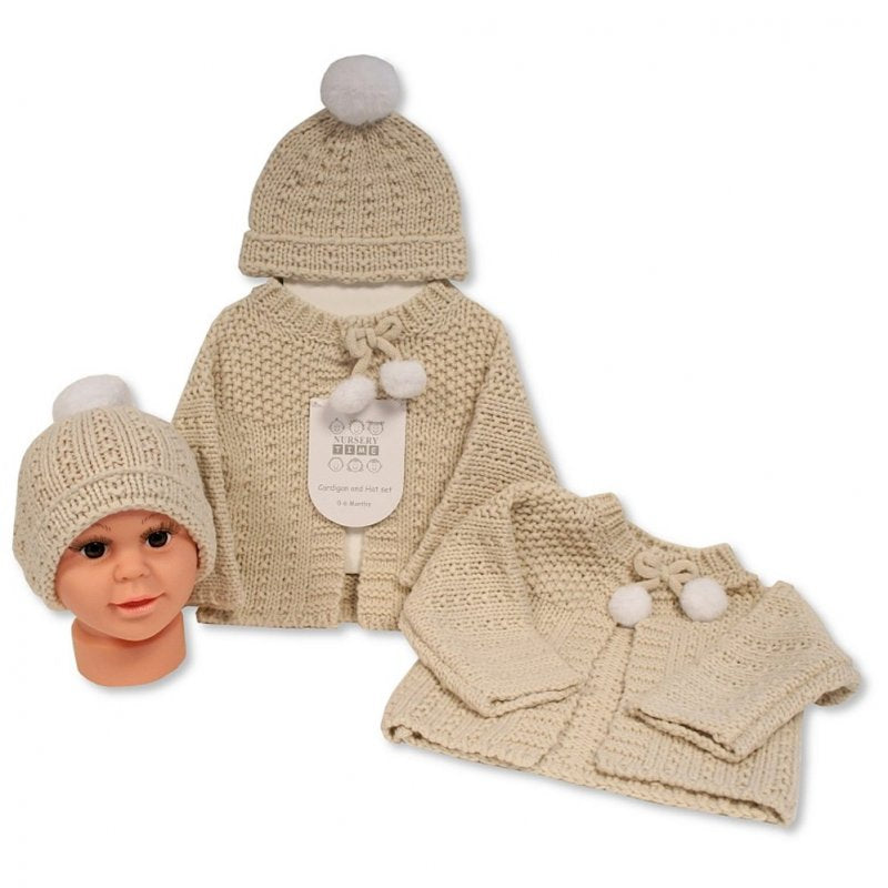 BABY KNITTED CHUNKY CARDIGAN & HAT SET- TAUPE (0-6 MONTHS) (6-12 Months) (PK6) GP-25-1220T