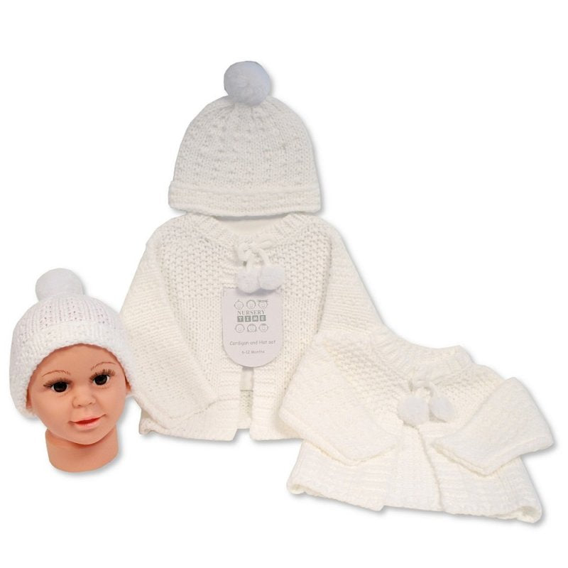 BABY KNITTED CHUNKY CARDIGAN & HAT SET- WHITE (0-6 MONTHS) (6-12 Months) (PK6) GP-25-1220W