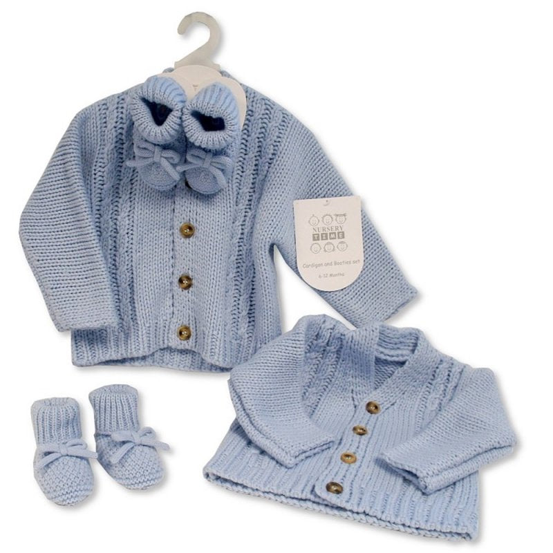 BABY KNITTED CHUNKY CARDIGAN & BOOTIES SET- SKY (0-6 MONTHS) (6-12 Months) (PK 6 ) GP-25-1221S