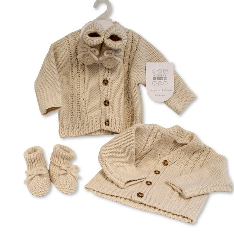 BABY KNITTED CHUNKY CARDIGAN & BOOTIES SET- TAUPE (0-6 MONTHS) (6-12 Months)  (PK6 ) GP-25-1221T