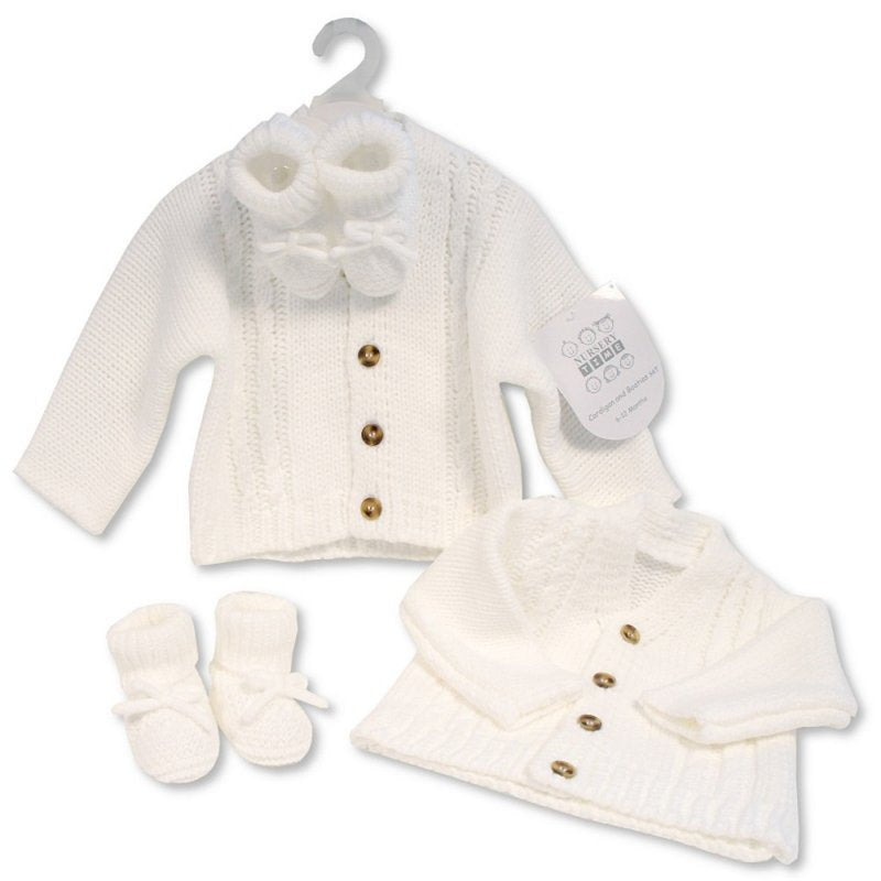 BABY KNITTED CHUNKY CARDIGAN & BOOTIES SET- WHITE (0-6 MONTHS) (6-12 Months) (PK6) GP-25-1221W