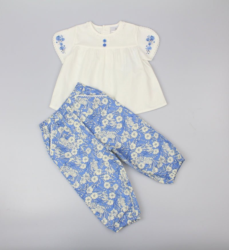 Girls tunic+trouser Floral Woven White/Blue (PK 6) (1-2 YEARS) E33229