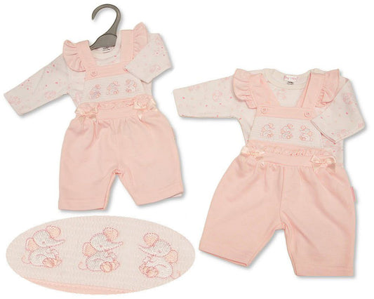 Premature Baby Girls 2 pcs Dungaree Set with Smocking - Elephant (PK6) (NB-6m) PB-20-754
