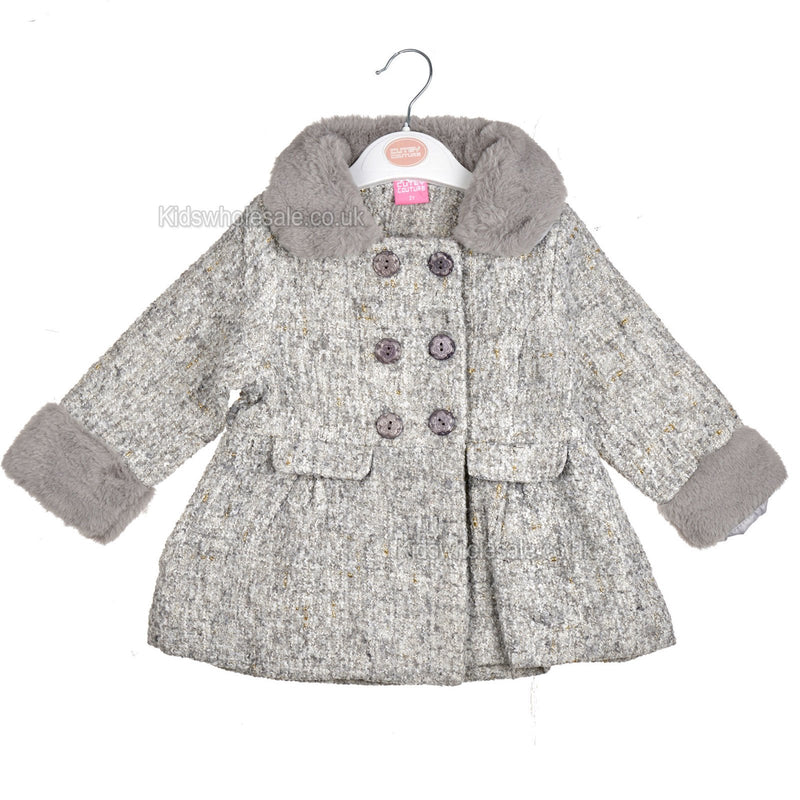Baby Girls Fur Lined Coat - Grey - 1-3 Years (04JTC454) - Kidswholesale.co.uk