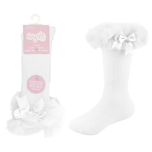Baby Girls Single Pair White Cable Knee High Tutu Socks with Bow (0-0, 0-2.5, 3-5.5) SK771