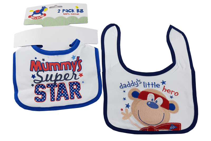 2 Pack Pull Velcro Bibs- "daddy's little hero" Mummy's super star" - Kidswholesale.co.uk