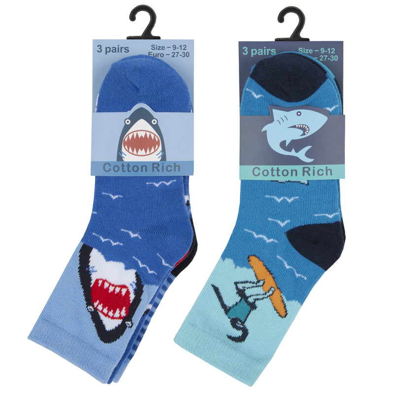 Boys 3 Pack Design Socks - Sharks - (42B571) - Kidswholesale.co.uk