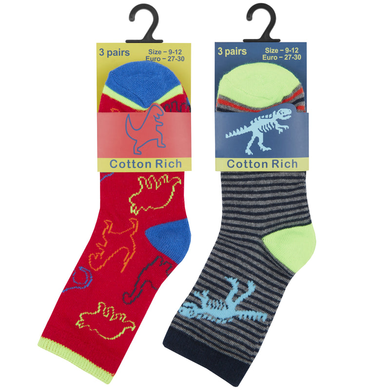 Boys 3 Pack Cotton Rich Design Socks - Dinosaur - Block & Mix - (42B591) - Kidswholesale.co.uk