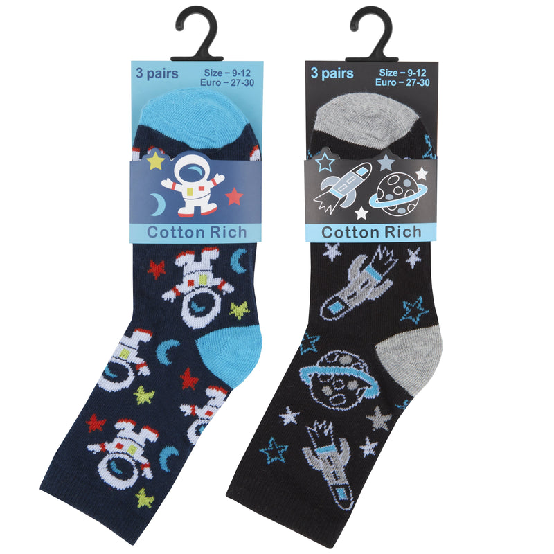 Boys 3 Pack Cotton Rich Design Socks - Space - Block & Mix - (42B595) - Kidswholesale.co.uk