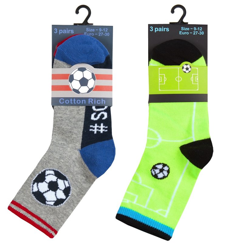BOYS 3 PACK COTTON RICH DESIGN ANKLE SOCKS - FOOTBALL (9-12 ASSORTED) 42B693