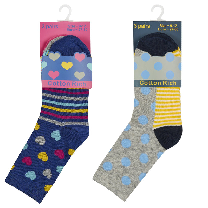 GIRLS 3PK COTTON RICH SOCKS - Polkadots/Hearts (6-3.5 assorted) 43B658 - Kidswholesale.co.uk