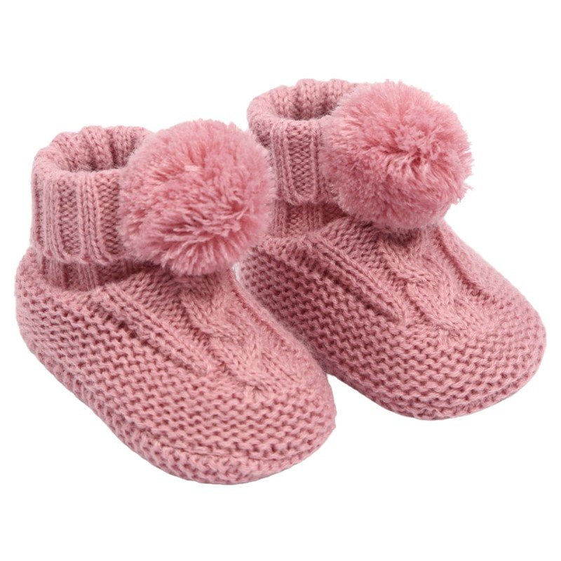 Dusty Pink 'Elegance' Cable Knit Bootees w/Pom Pom : ABO12-DP
