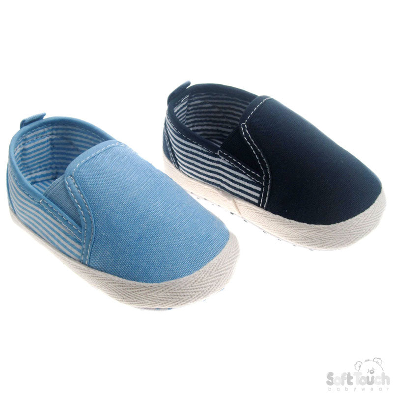 BOYS COTTON TWILL PLAIN/STRIPED SLIP ON SHOES W/CANVAS: (B2162)