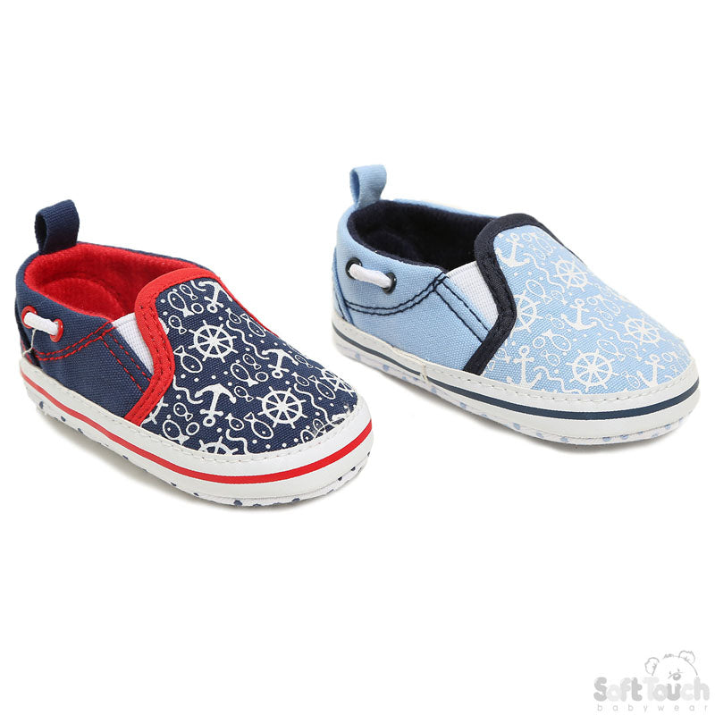 BOYS ANCHOR PRINT SLIP-ON SHOES W/LACE: (B2258)