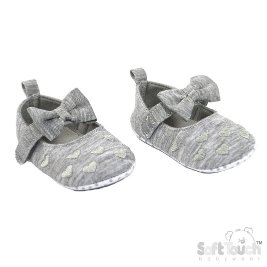 Grey Cotton Slip On Shoes With Heart Embroidery And Matching Bow (6-15 Months) (PK6) B2284-G