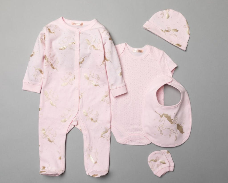 Baby Girls 5 Piece Multi Pack Gold Lurex Unicorn Set (NB,0-3,3-6 Months)-T20768