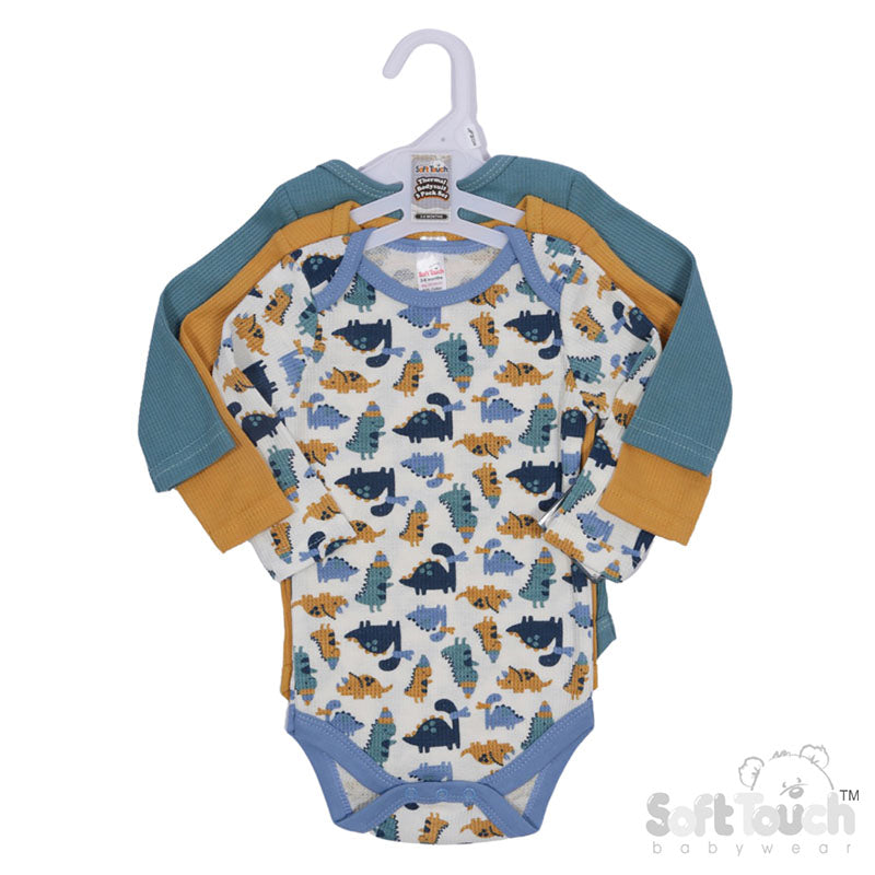 3 PACK LONG SLEEVED THERMAL BODYSUITS - PLAIN/DINOSAUR (Pack Of 6) (0-9 Months) BG317