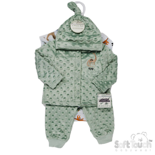 DINOSAUR 4 PC POPCORN GARMENT - SAGE GREEN (NB to 9 MONTHS) (PK6) BG320