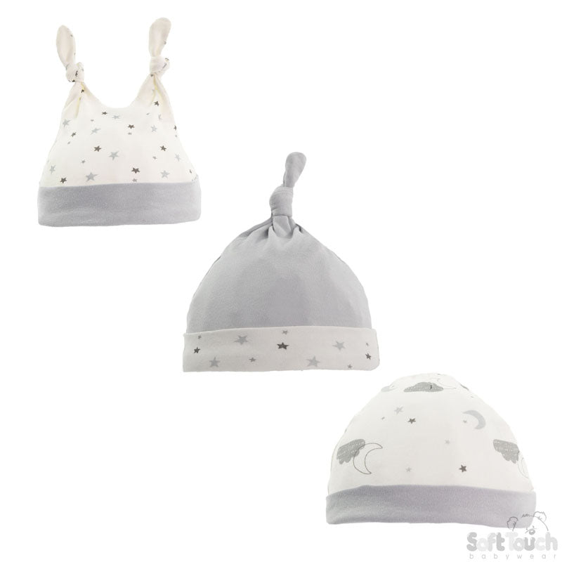 BOYS 3 PACK CLOUDS & STARS HATS (0-9 MONTHS) CC100-H