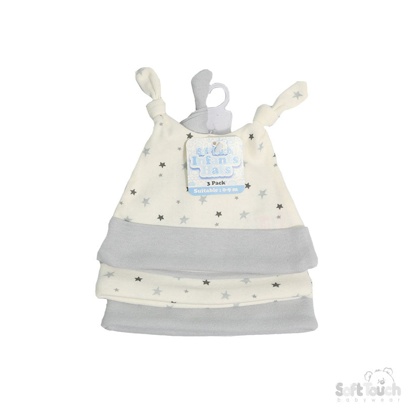 BOYS 3 PACK CLOUDS & STARS HATS (0-9 MONTHS) CC100-H