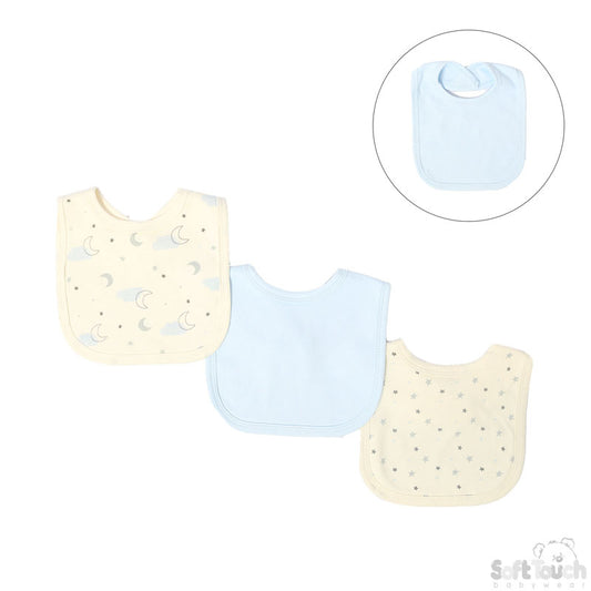 3 PACK VELCRO BIBS - Plain, Clouds & Stars (PK6) CC102-B