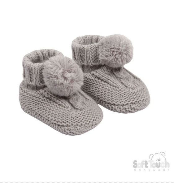 Grey 'Elegance' Cable Knit Bootees w/Pom Pom : ABO12-G