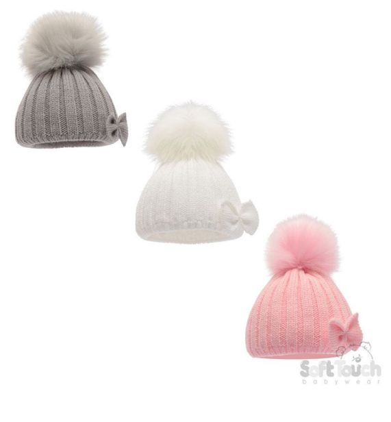 Pink, Grey, White Cable Hat w/Faux Fur Pom  Pom & Bow : H640-SM