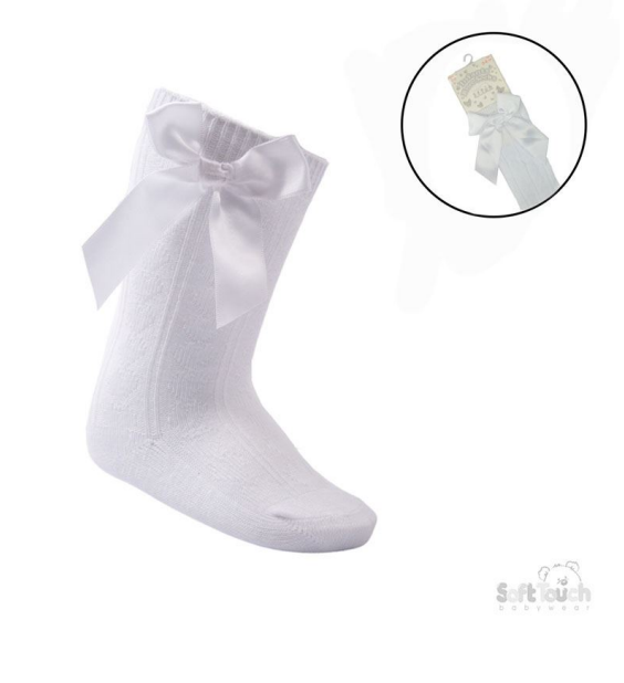White 'Adorable' Knee Length Socks w/Satin  Bow : S141-W-0-6