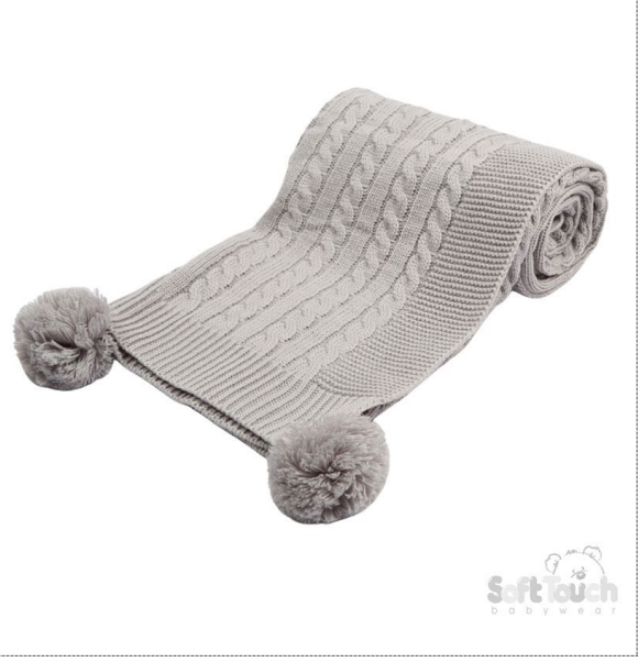 Grey 'Elegance' Cable Knit Wrap w/Pom Pom : ABP12-G