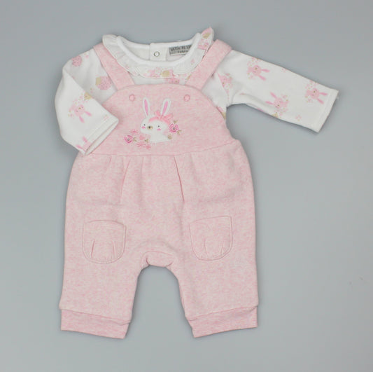 Baby Girls 2pc Pink Marl Fleece Dungaree & Top Forest Friends 0-9 Months-WF1718