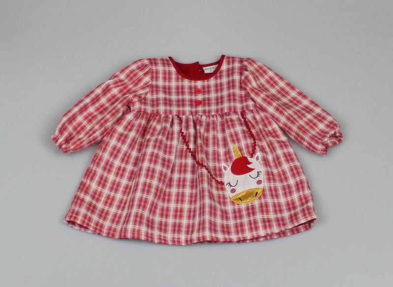 Red checkered Unicorn Dress (12-24 MONTHS) M3507 - Kidswholesale.co.uk