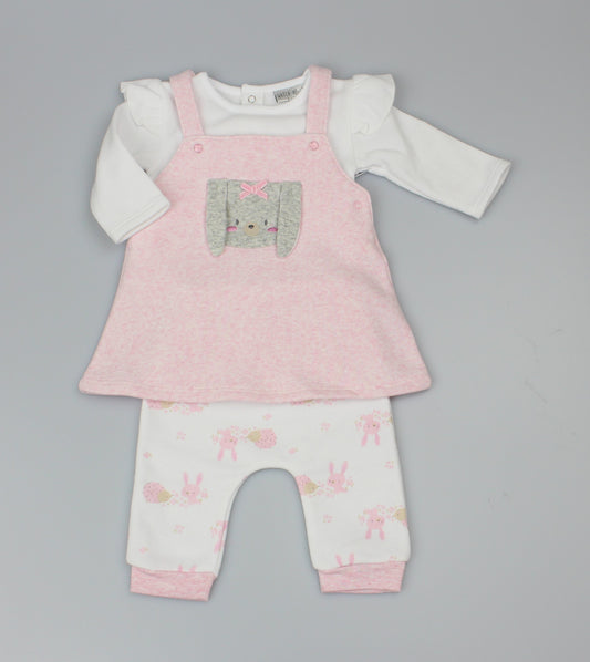 Baby Girls 3pc Pink Marl Fleece Dress Top All Over Print Trouser Forest Friends-WF1715