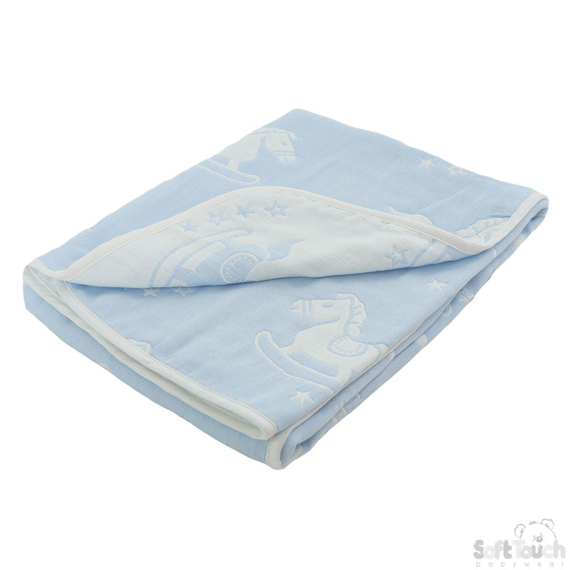 REVERSIBLE WHITE/BLUE ROCKING HORSE COTTON WRAP - FBP214-B