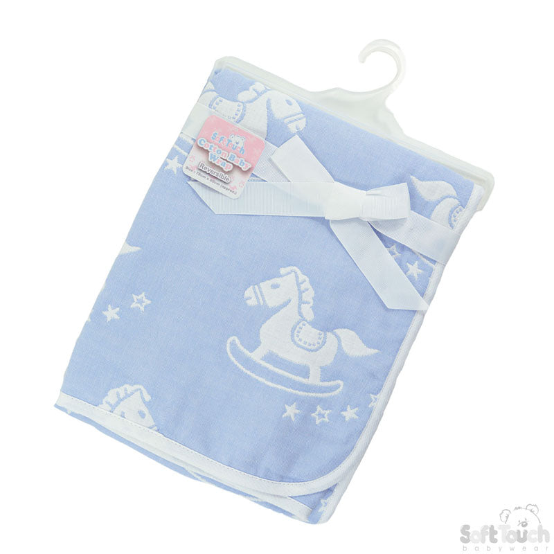 REVERSIBLE WHITE/BLUE ROCKING HORSE COTTON WRAP - FBP214-B