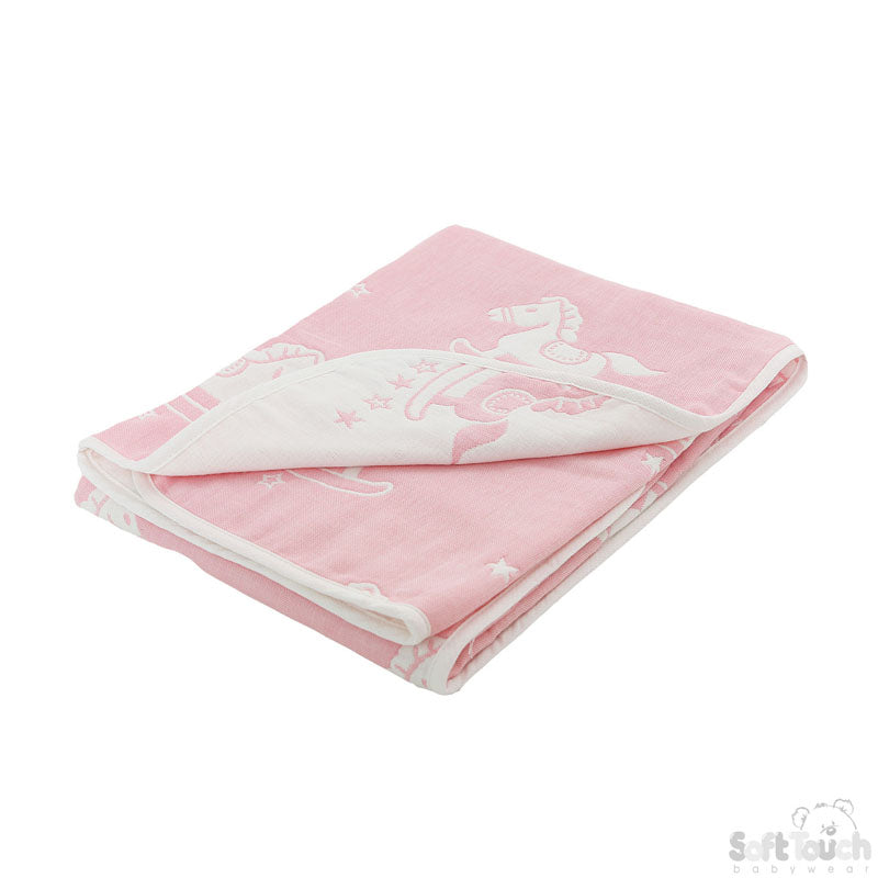 REVERSIBLE WHITE/PINK ROCKING HORSE COTTON WRAP - FBP214-P